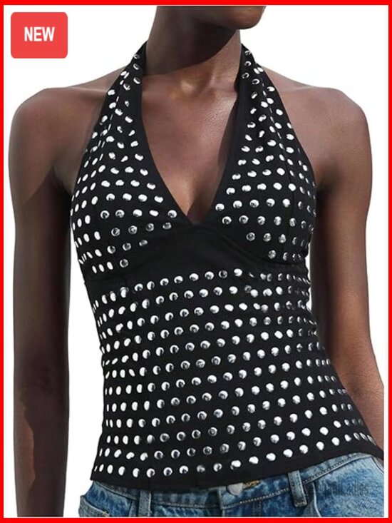 Tops - Backless Halter Tank Top Rave Studded Going Out Sleeveless Clubwear